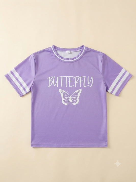 Lavender Butterfly Printed Crew Neck T-Shirt