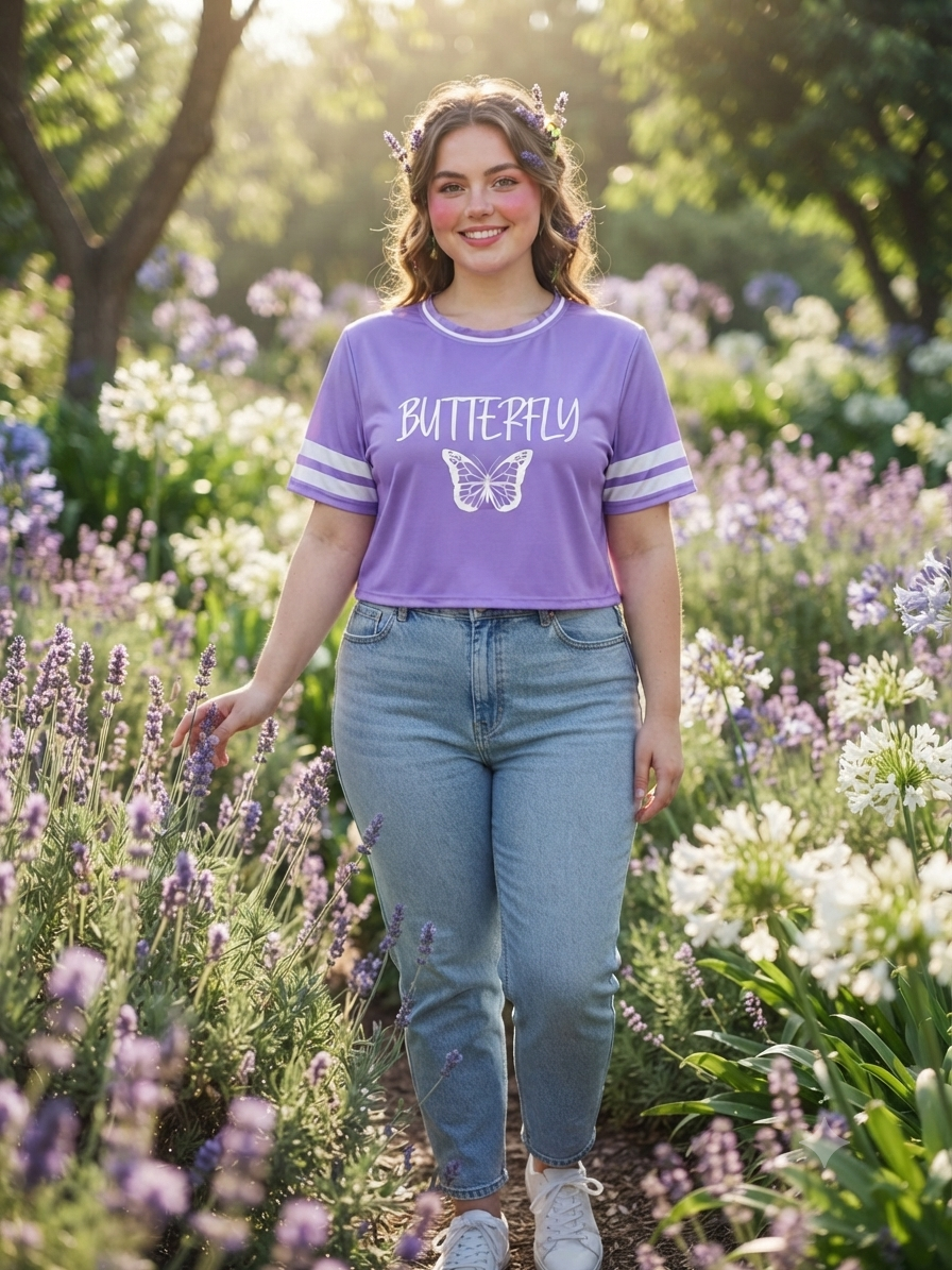 Lavender Butterfly Printed Crew Neck T-Shirt