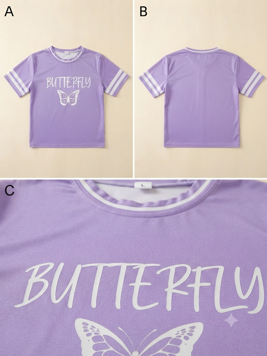 Lavender Butterfly Printed Crew Neck T-Shirt