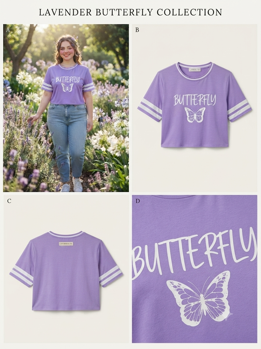 Lavender Butterfly Printed Crew Neck T-Shirt