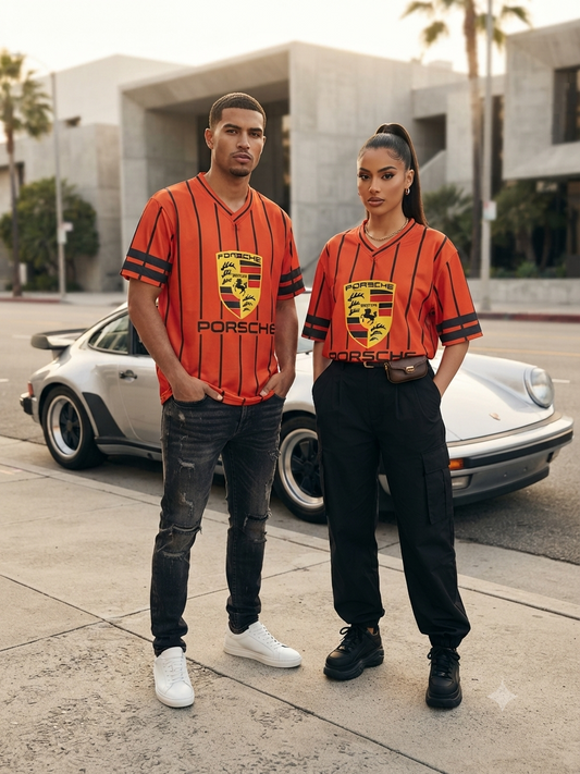 Striped Printed V-Neck Porsche  T-Shirt